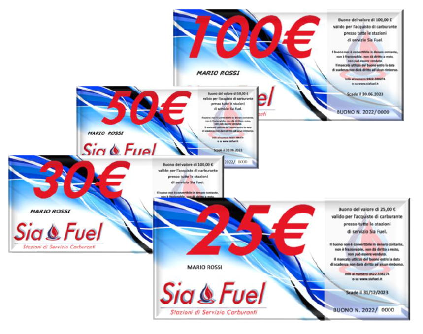 I buoni carburante sono disponibili in tagli personalizzabili 20€ - 25€ - 30€ - 50€